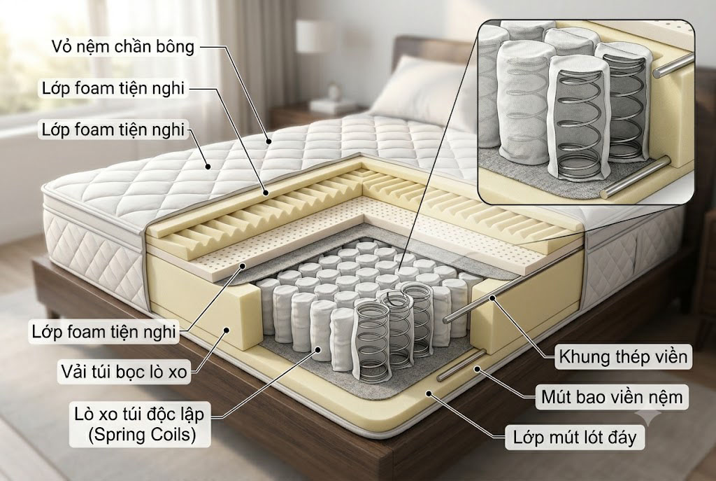 Nệm lò xo túi độc lập giảm đau lưng êm ái