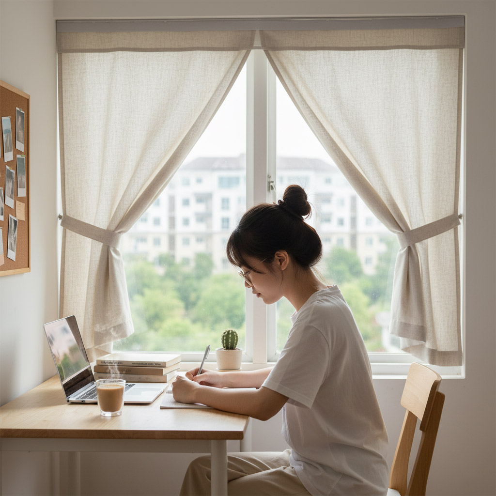 Rèm dán tường gọn nhẹ, giá sinh viên, dễ sử dụng.