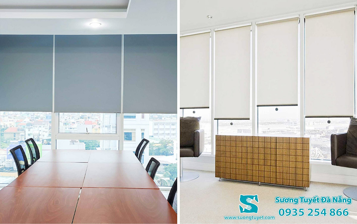 Rèm cuốn văn phòng cản sáng 100% với cơ chế dùng dây kéo - thả.