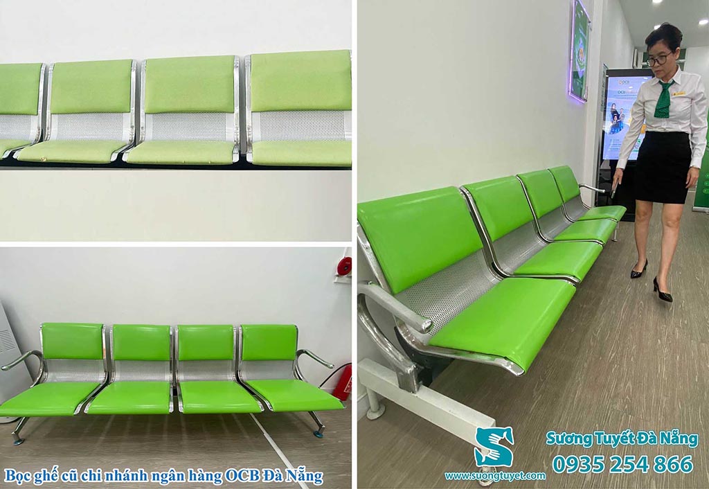Bộ nệm ghế ngân hàng OCB Đà Nẵng màu xanh được bọc đẹp.