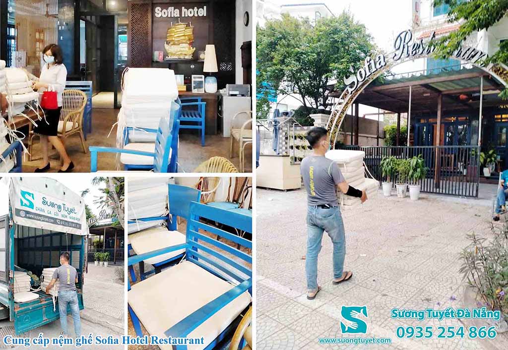 Nhà hàng Sofia Đà Nẵng nổi bật với nệm ghế màu trắng kem.