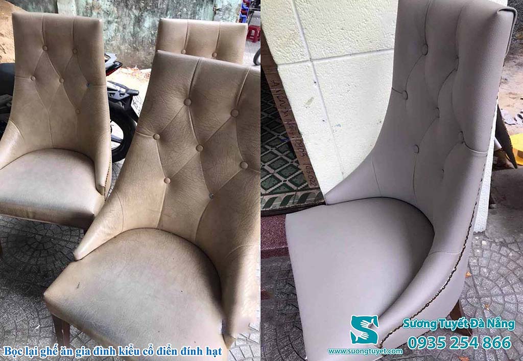 Sương Tuyết bọc lại ghế ăn cổ điển màu xám ghi nhã nhặn.