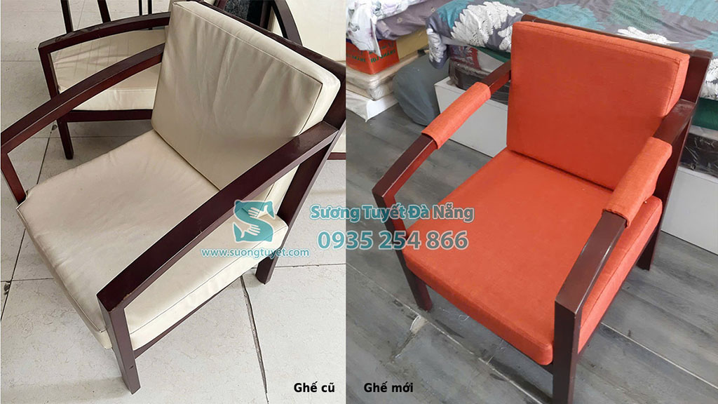 Bộ ghế màu kem được bọc lại màu cam sang trọng.