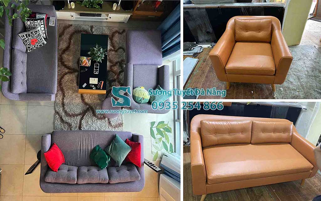 Sương Tuyết bọc ghế vải bố thành màu simili màu cà phê hiện đại.