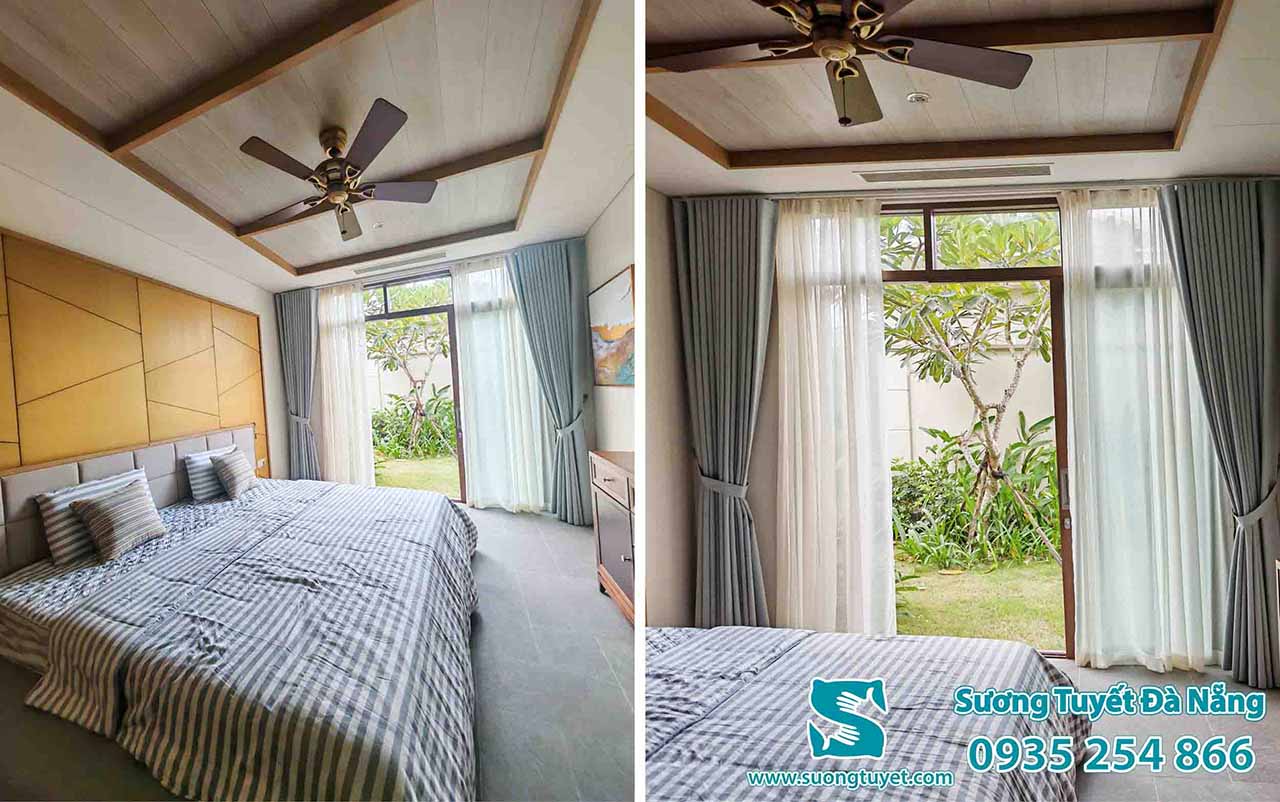 Combo chăn ga sọc khách sạn và rèm cửa Sương Tuyết lắp tại Ocean Villa.