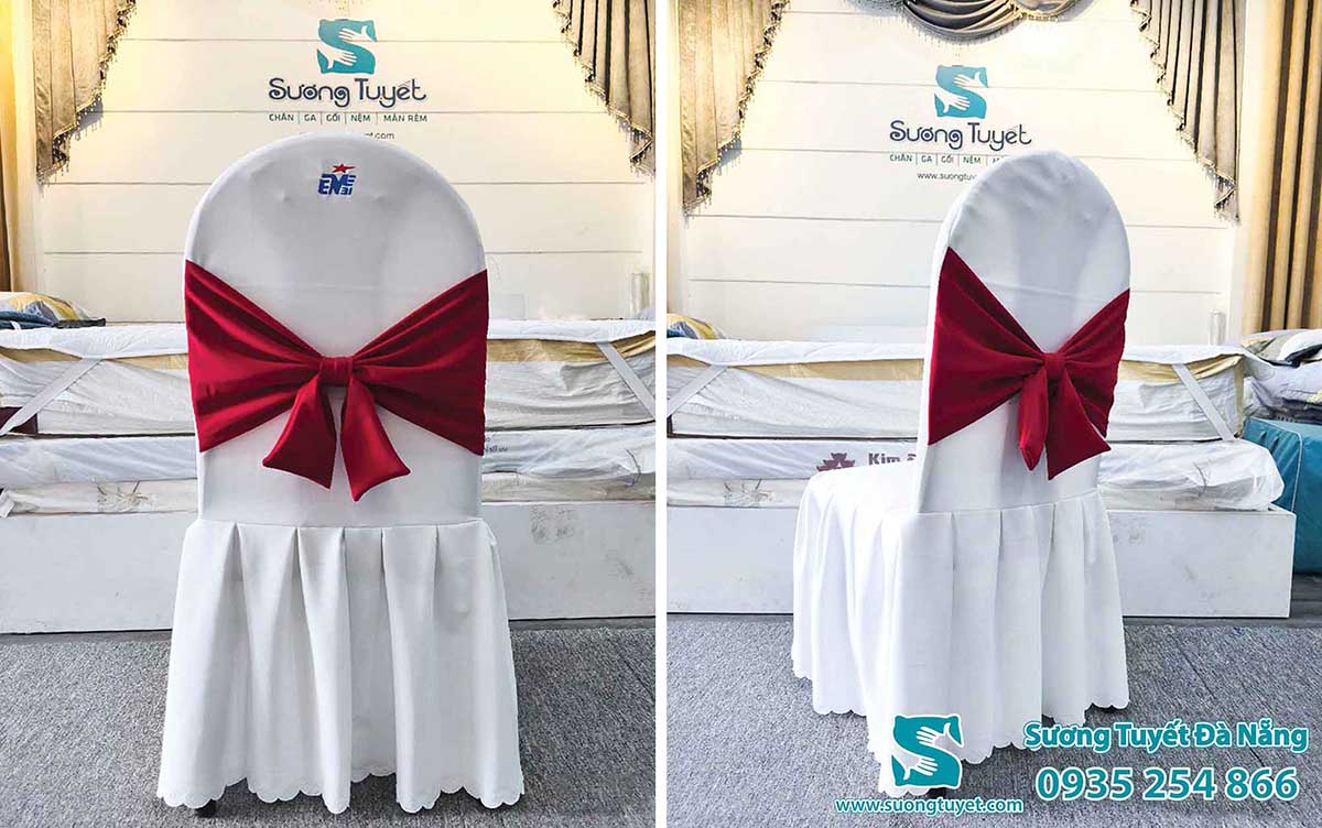 Mẫu áo ghế vải gấm, nơ phi lụa.