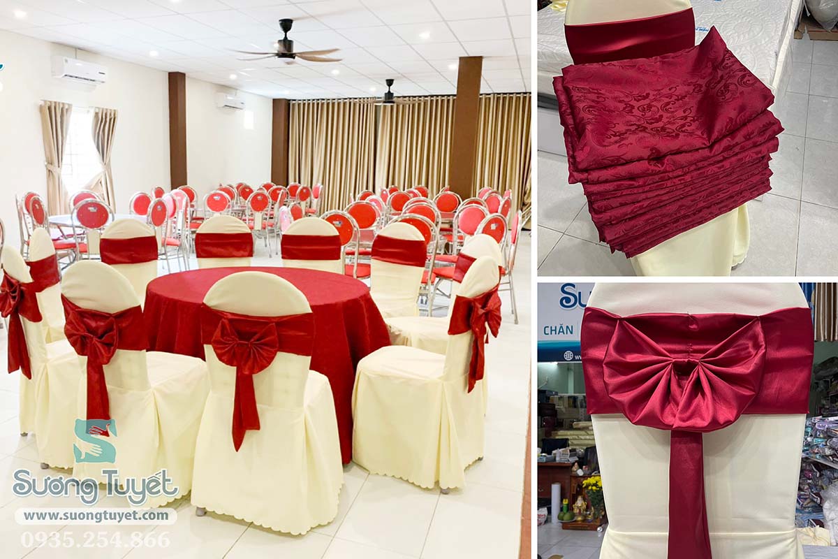 Một combo khăn bàn, áo ghế, nơ ghế có giá từ 250.000đ/bộ.