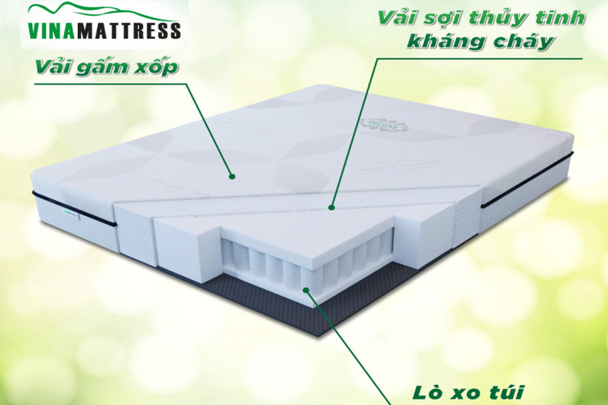 Thiết kế của nệm Vinamatress Vinacoil là vải gấm xốp, sợi thủy tinh chống cháy, lớp mousse và lò xo hiện đại.