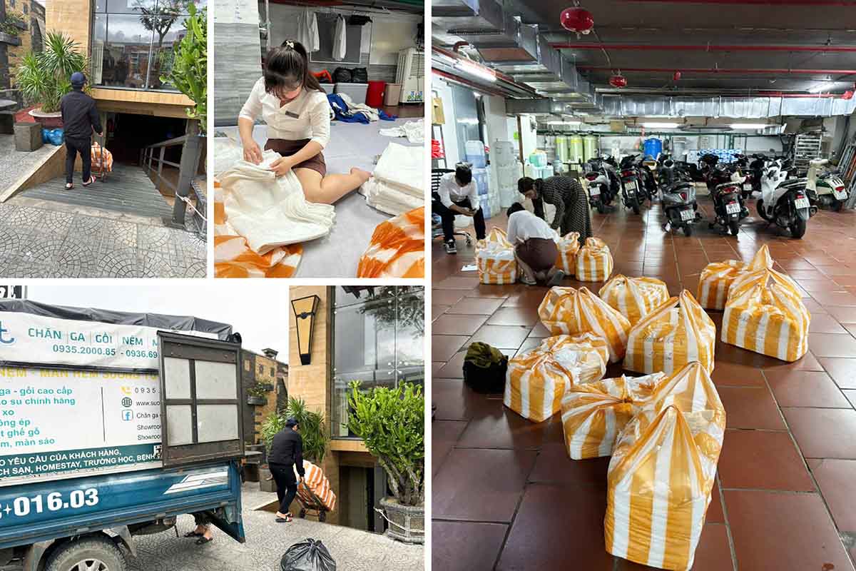 Chăn ga được phân loại và đóng gói kỹ càng để thuận tiện kiểm kê.