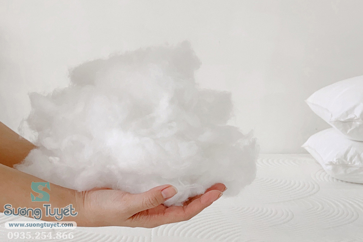 Ruột gối lông vũ có sợi mảnh, nhẹ và bóp rất đàn hồi.