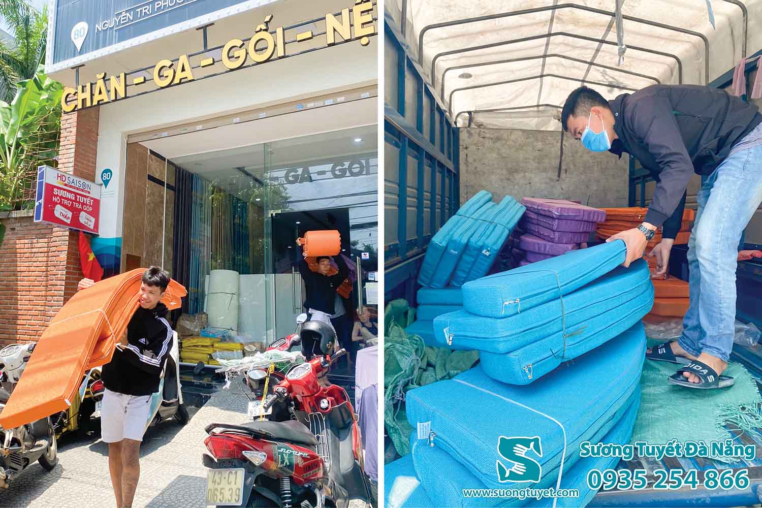 Cửa hàng chăn ga gối nệm, đệm ghế, rèm cửa Sương Tuyết tại 80 Nguyễn Tri Phương, quận Thanh Khê.