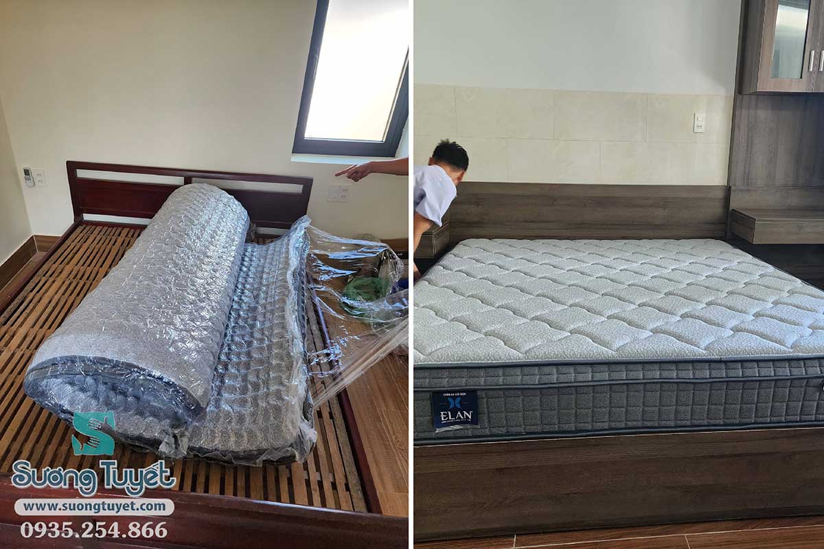 Cận cảnh nệm lò xo Elan Vimatt trước và sau khi được trải ra.
