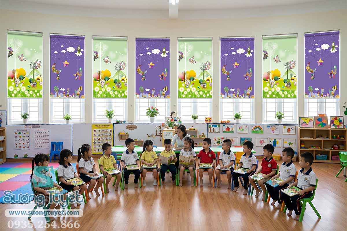 Mẫu rèm cuốn in tranh tạo ra không gian học tập vui vẻ cho các bé.