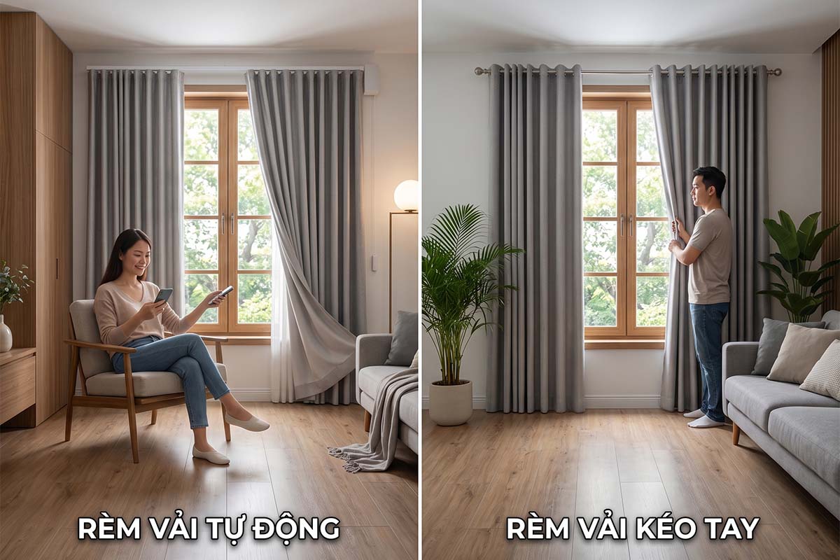 So sánh rèm cửa vải tự động và kéo thủ công.
