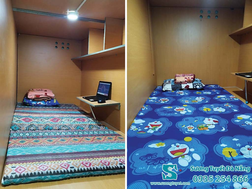 Có thể chọn chăn ga giường mini màu họa tiết nếu là box nhà nghỉ tạm.