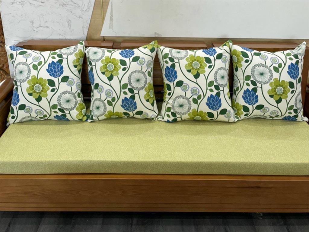 Bộ nệm ghế gỗ Đà Nẵng màu xanh lá cây vải bố hoa văn.