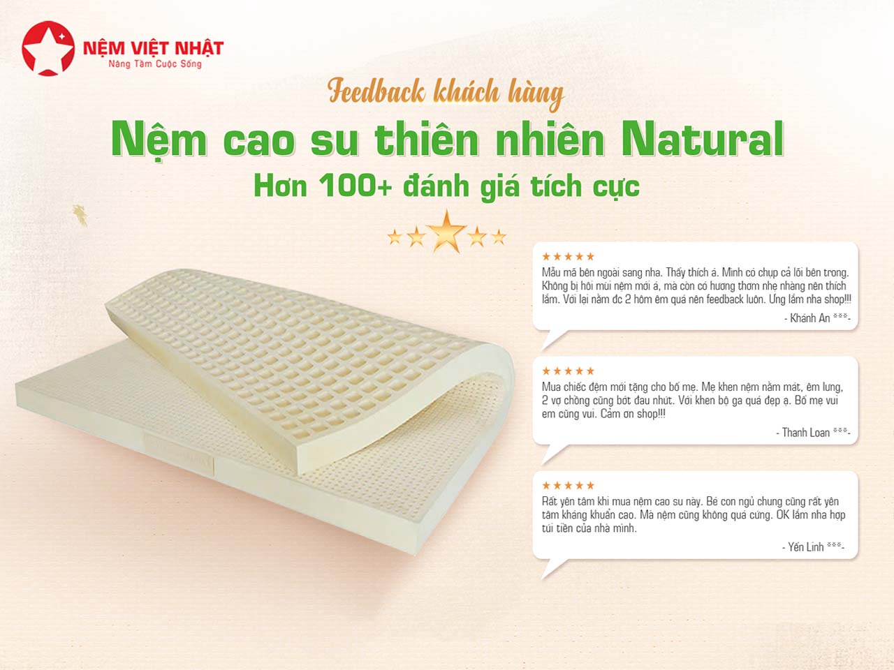 Rất nhiều đánh giá tích cực dành cho nệm cao su thiên nhiên Natural Việt Nhật