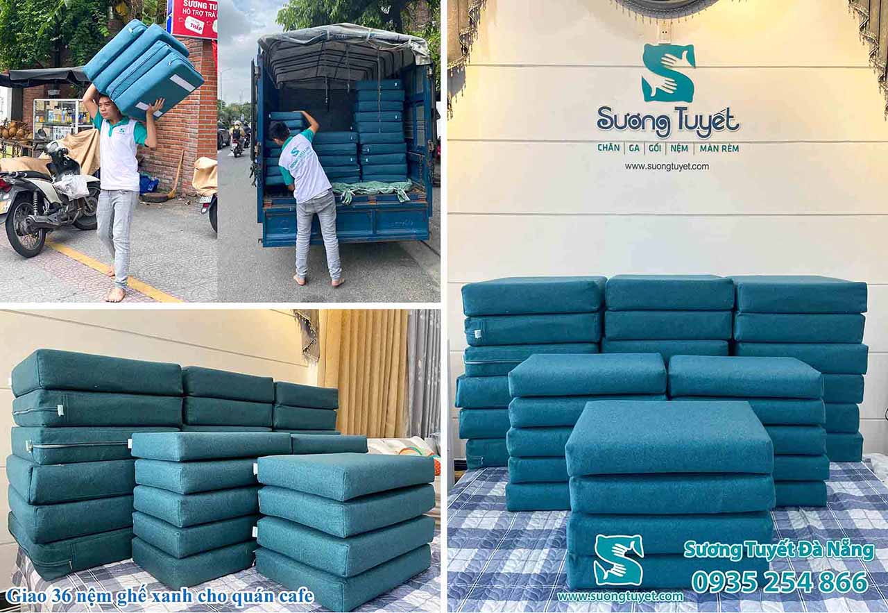 Mẫu nệm ghế xanh bàn giao tại Fusion Resort & Villa.