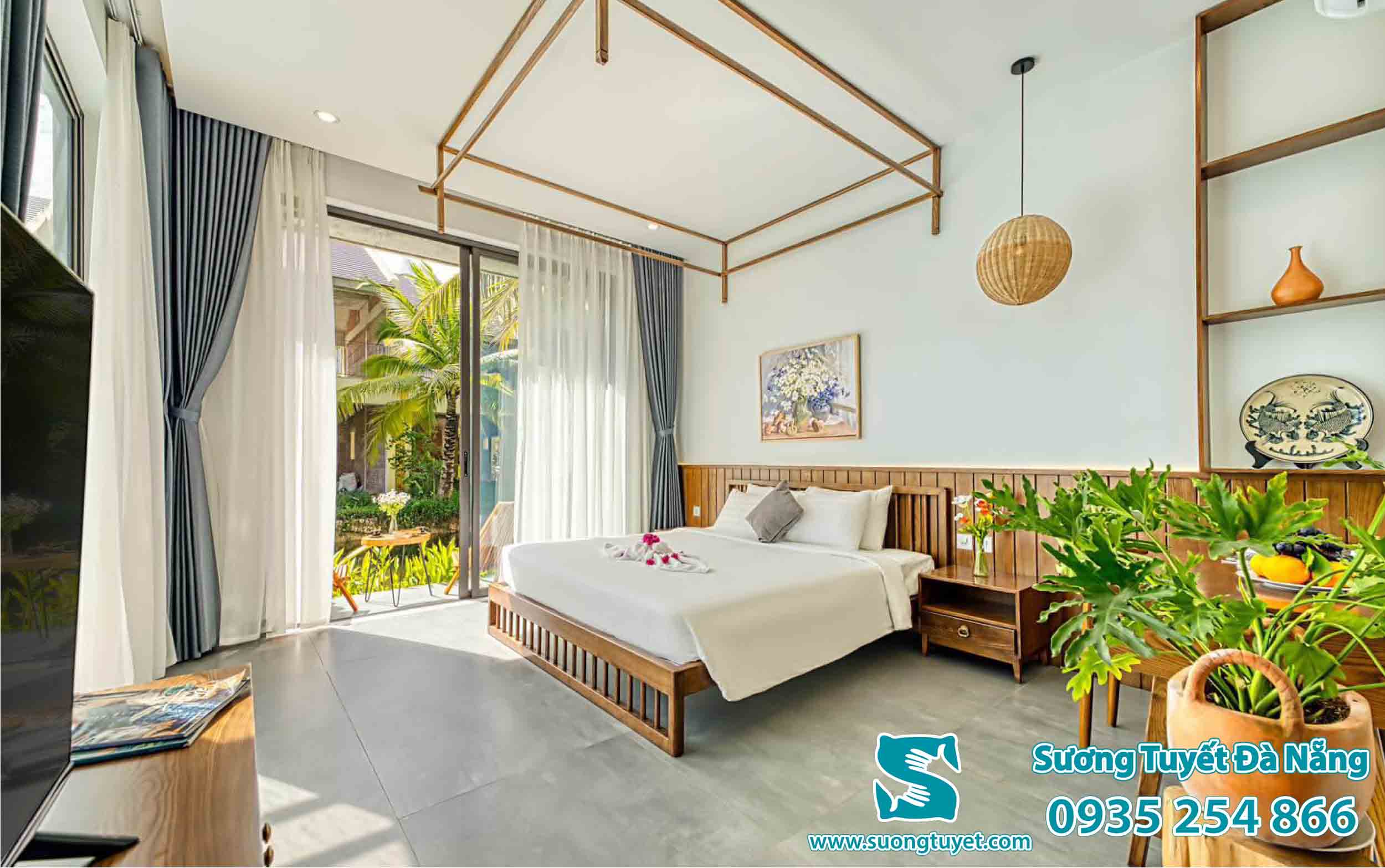 Bộ rèm cửa Sương Tuyết lắp cho Casamia Calm Hội An.