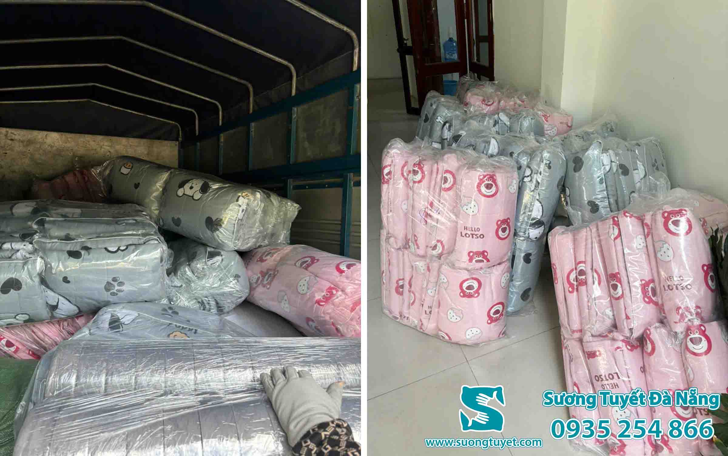 Bộ sản phẩm bao gồm tấm lót, gối và chăn. 