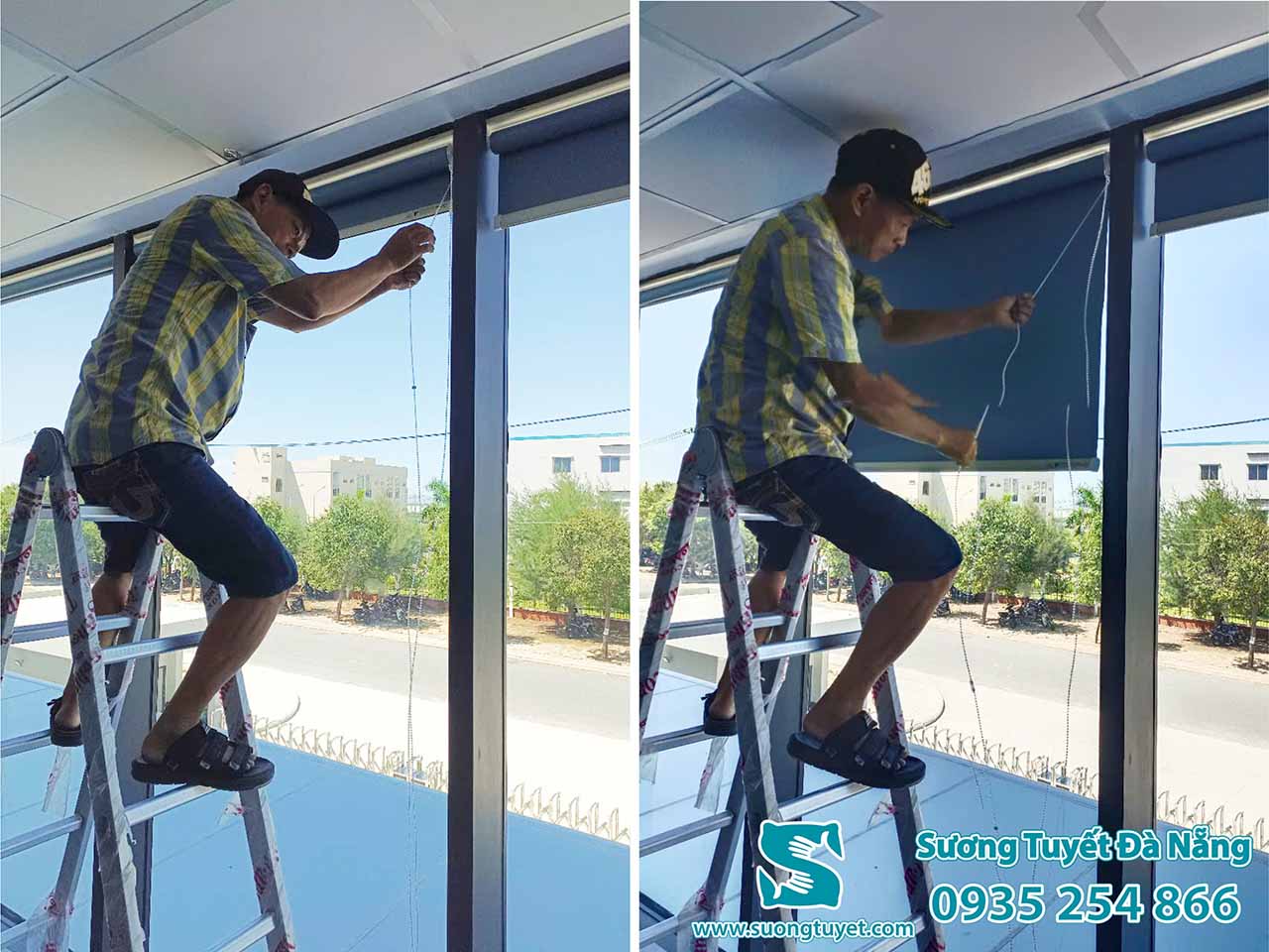 Nhân viên Sương Tuyết lắp đặt rèm cuốn trơn màu xám xanh tại GGEC.