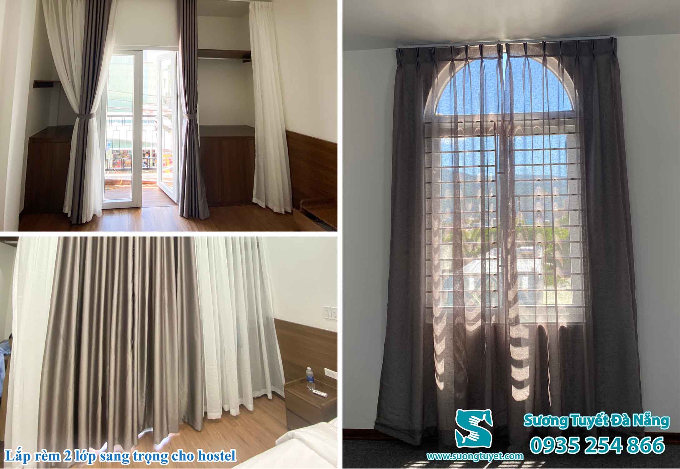 Sương Tuyết lắp rèm thông tầng cho Hostel.