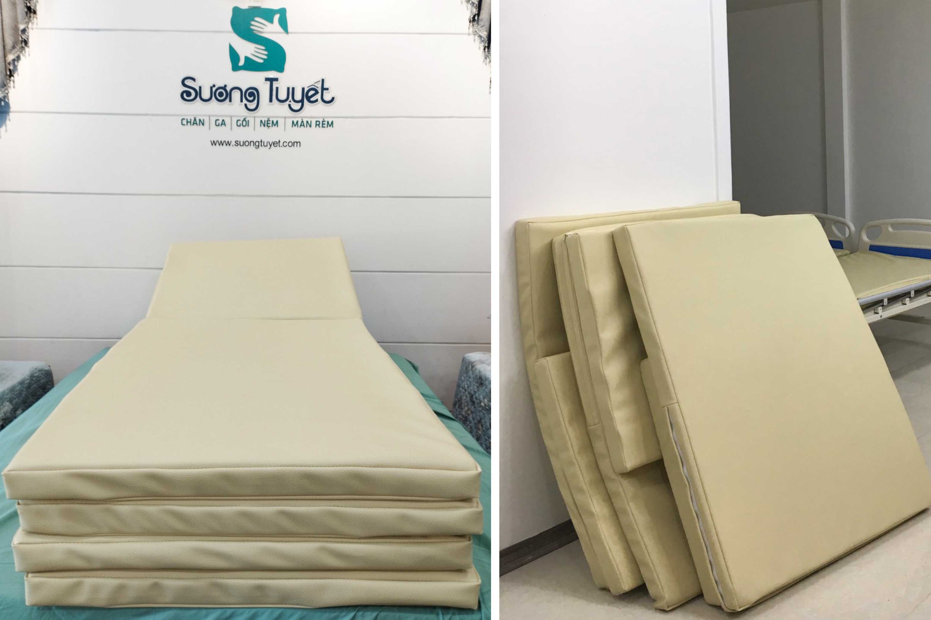 Một mẫu nệm y tế màu kem sạch sẽ, dày dặn.