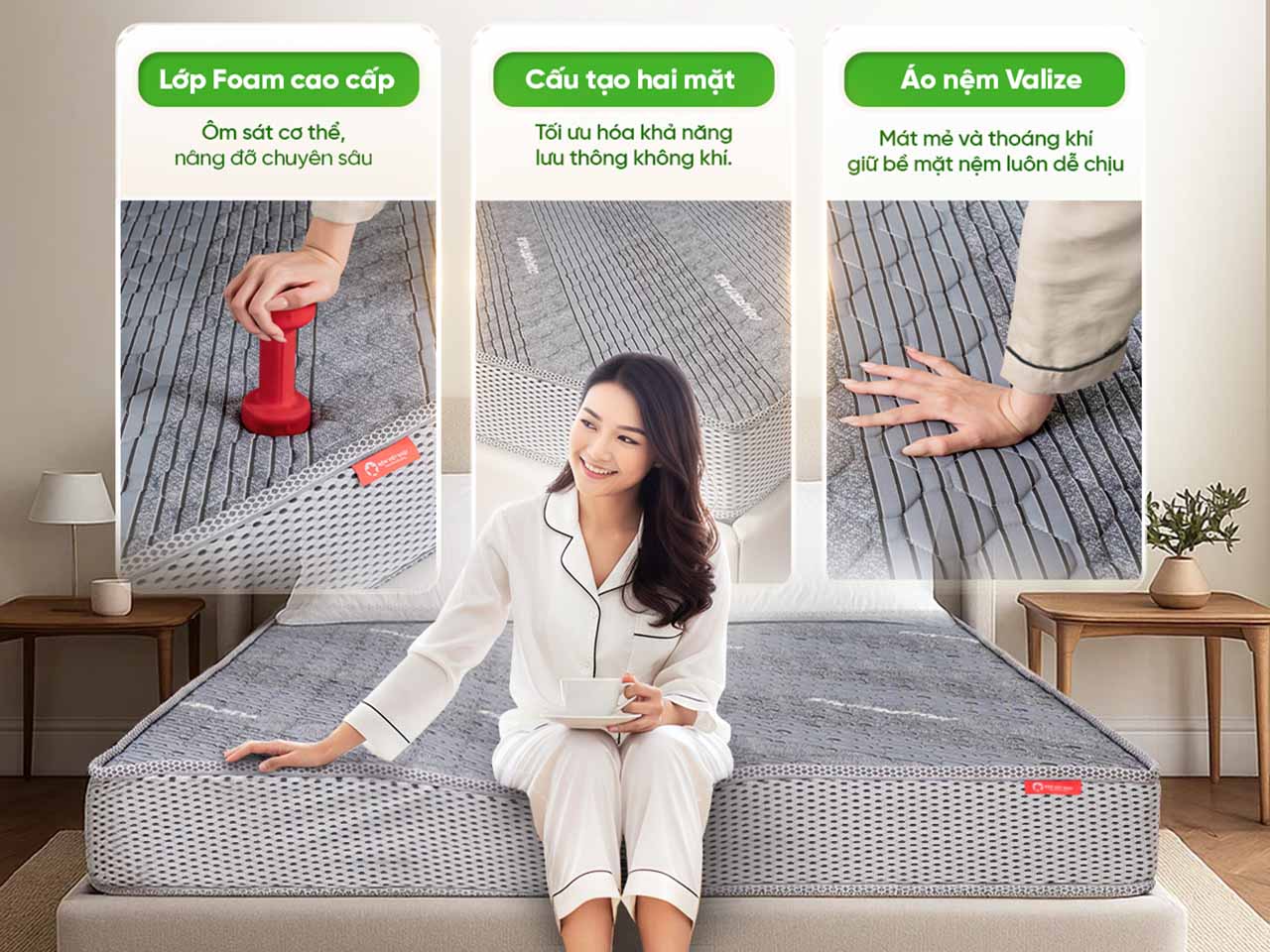 Nệm foam Nano chần viền 8 cạnh chắc chắn, bền bỉ.