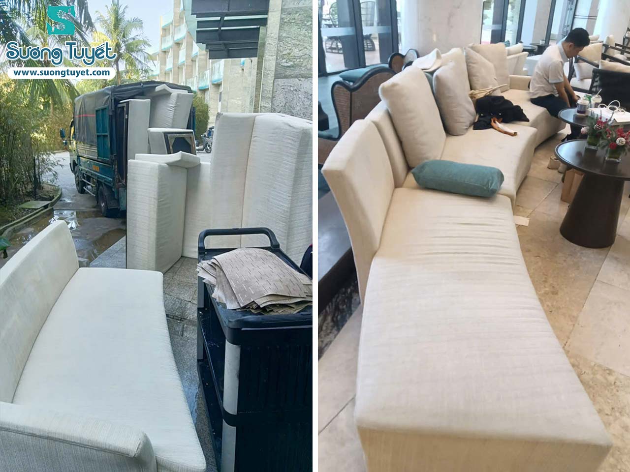 Những bộ sofa cong được bọc bằng vải bố canvas chắc chắn và nhẹ nhàng.