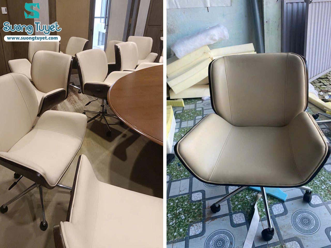 Chất liệu simili được dùng bọc cho những chiếc ghế xoay có tai trong phòng họp tại Vinpearl.