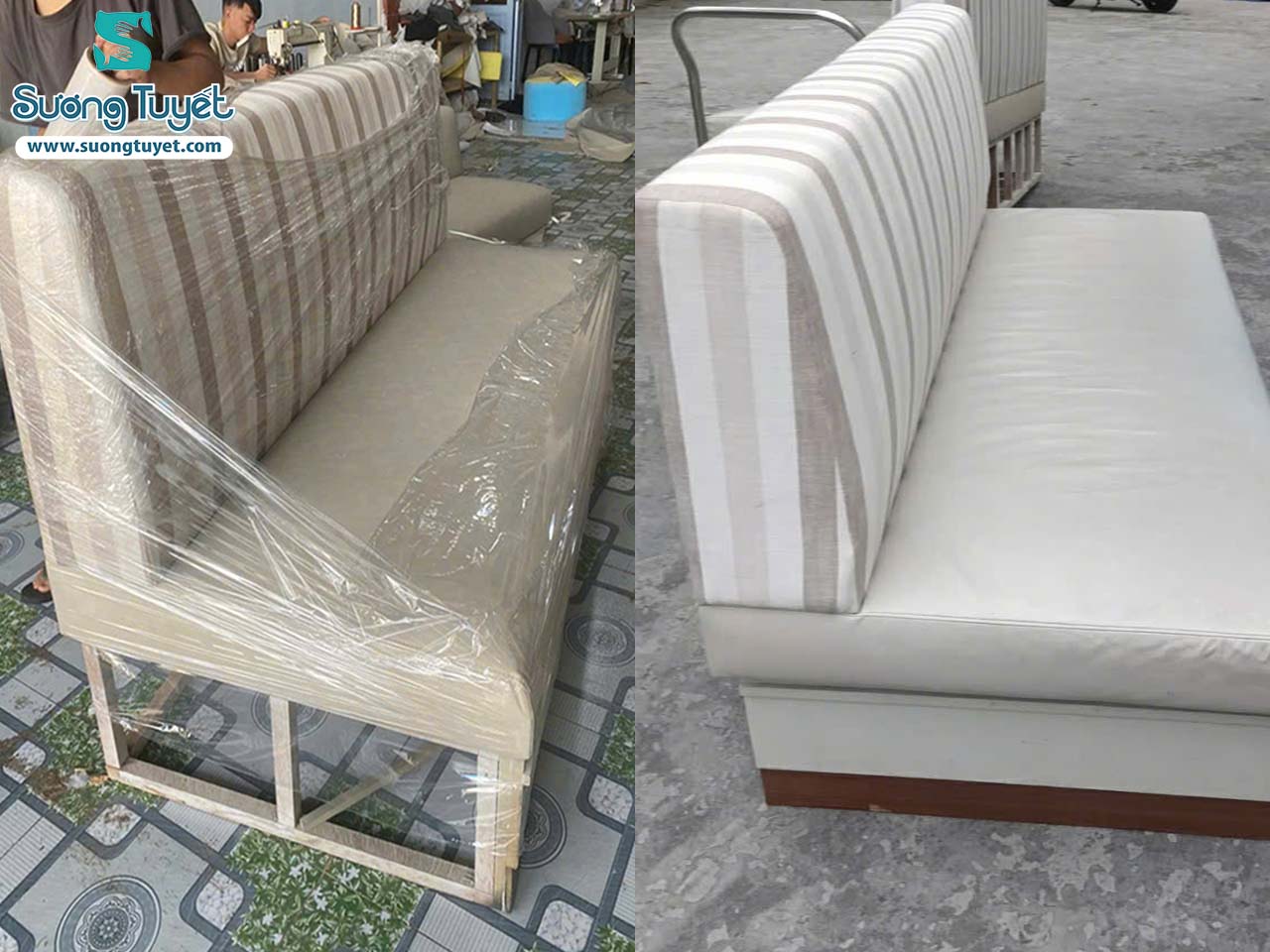 Bộ ghế sofa văng cũ kỹ được tân trang sáng sủa và hiện đại.