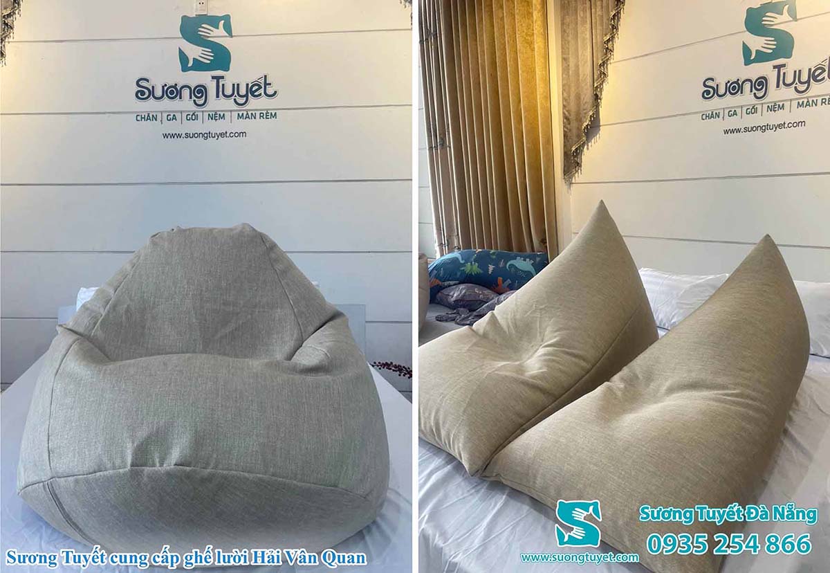 Cận cảnh ghế lười vải canvas Sương Tuyết may cho cà phê Hải Vân.