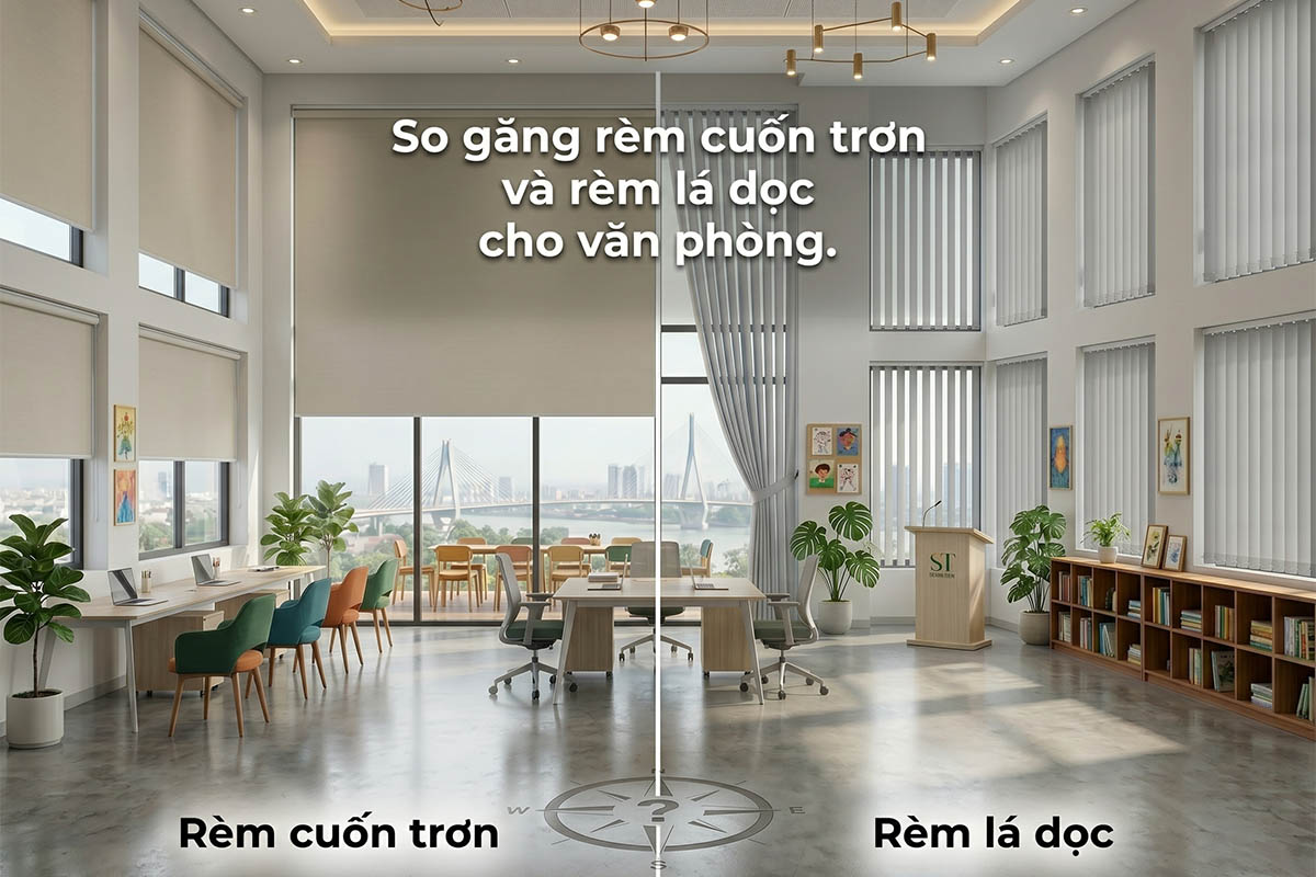 So sánh rèm cuốn trơn và rèm lá dọc cho văn phòng