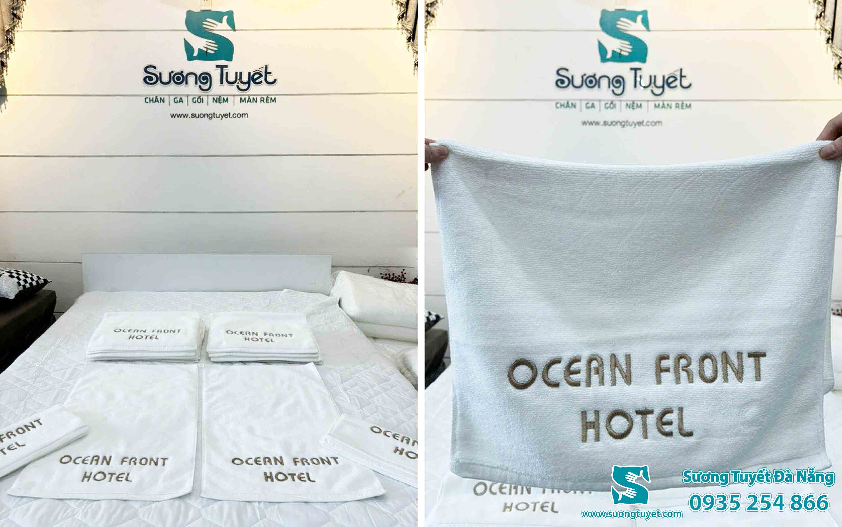 Hình ảnh những chiếc khăn khách sạn thêu logo sang trọng.