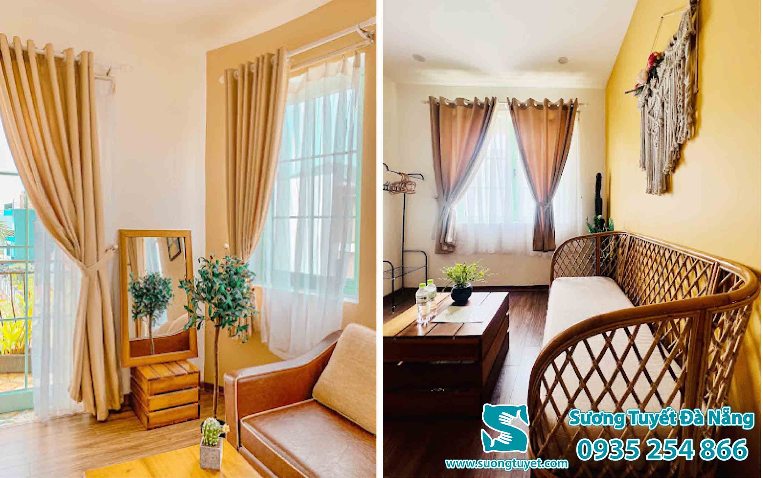Không gian Nắng home stay Đà Nẵng được điểm tô bằng rèm vàng kem đặc sắc.