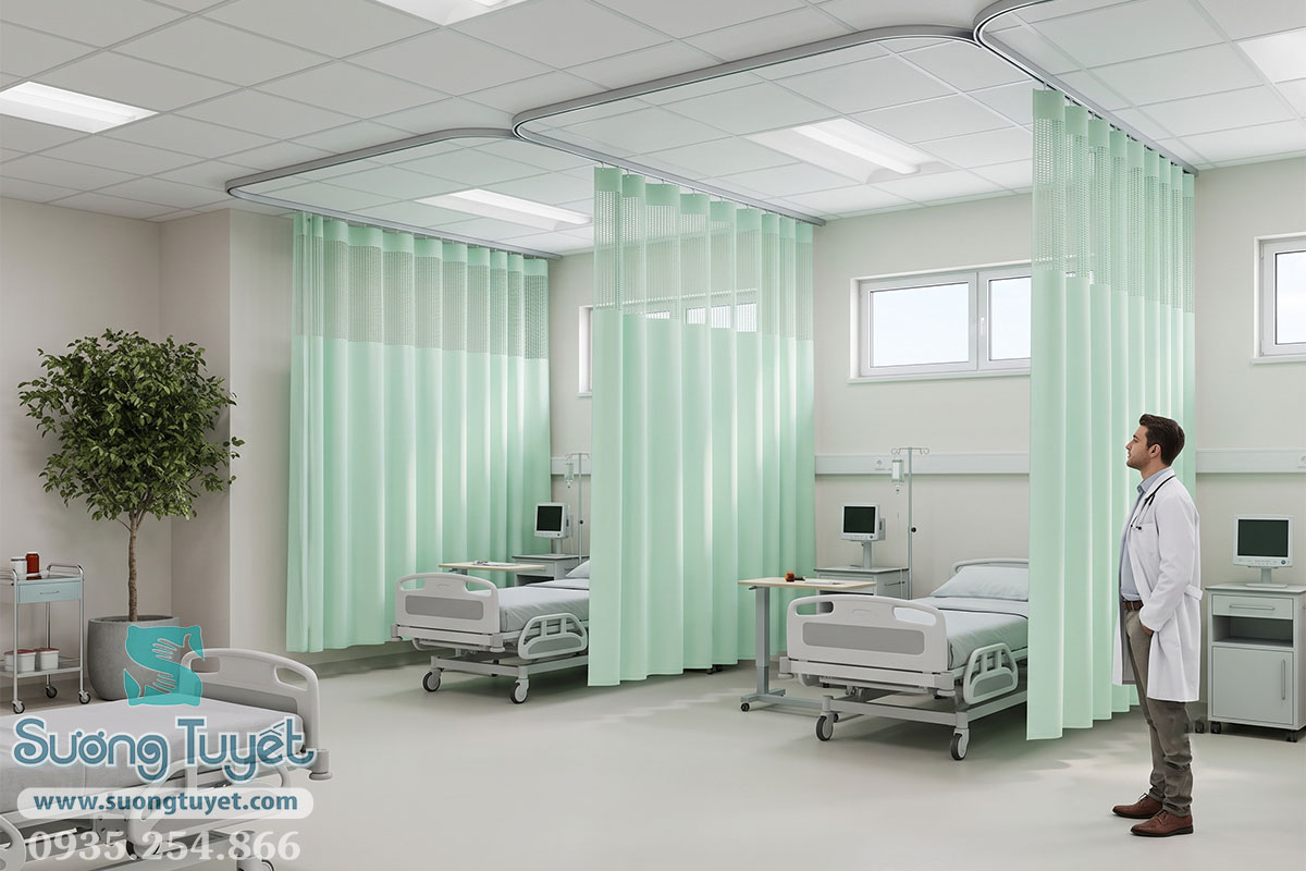 Thiết kế rèm y tế màu xanh ngọc với phần lưới phía trên giúp thông thoáng khí và không cản trở hệ thống phòng cháy chữa cháy.