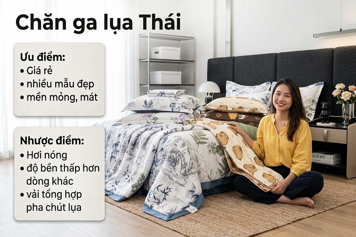 Chăn ga lụa thái có màu đa dạng nhưng chất lượng cũng thường, không có gì nổi bật.