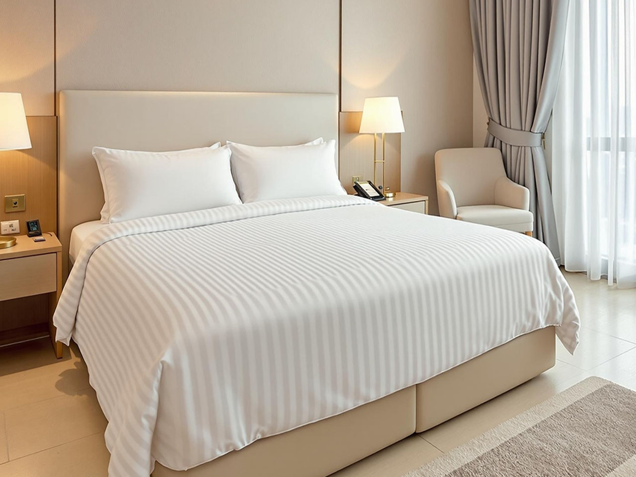 Bộ chăn ga gối khách sạn vải trắng sọc 3cm do Sương Tuyết cung cấp.
