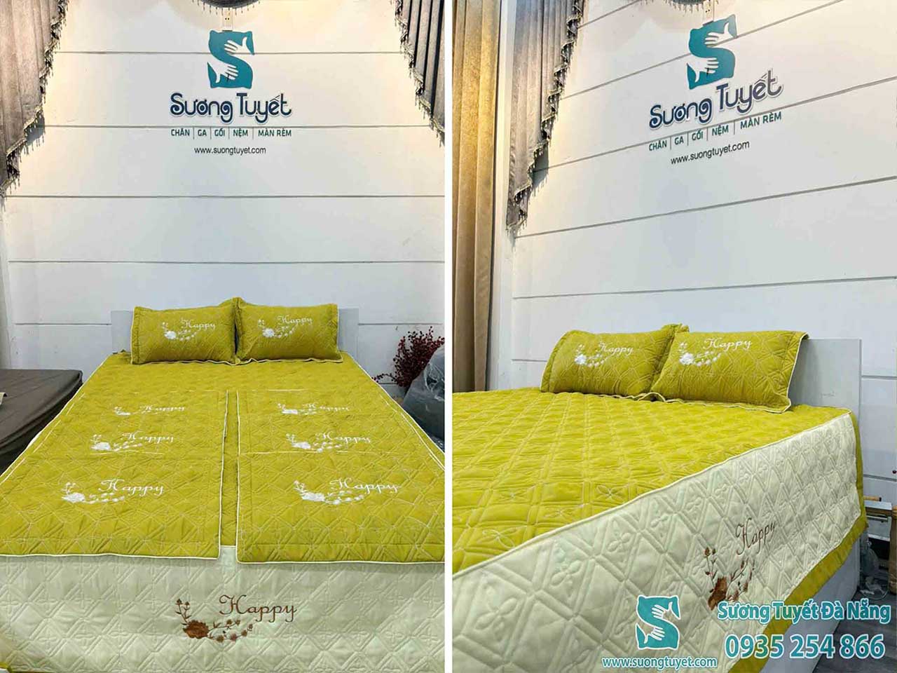 Bộ chăn ga Happy màu xanh lá cây do Sương Tuyết sản xuất