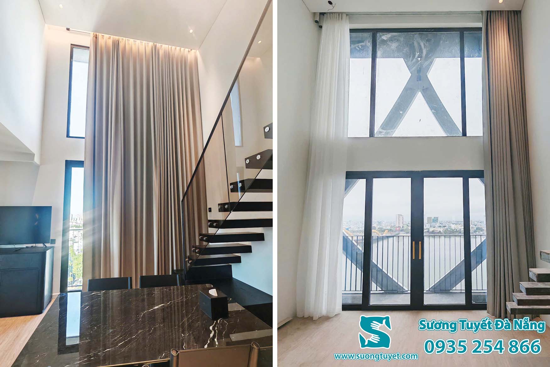 Cận cảnh bộ rèm thông tầng Sương Tuyết lắp tại khách sạn Caro.