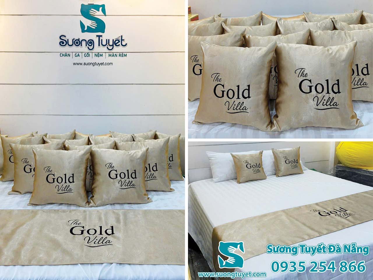 Tấm trang trí màu vàng đồng thêu logo The Gold Villa đẹp mắt.