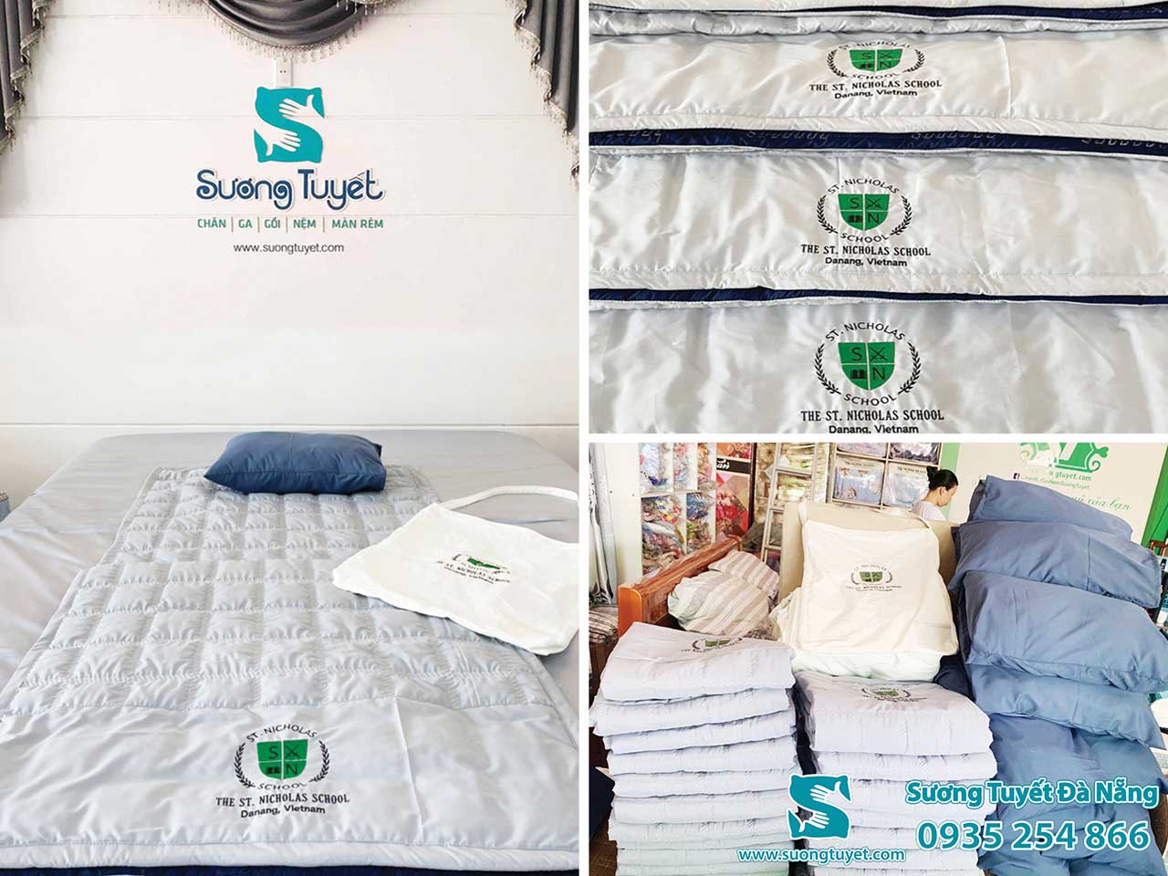 Bộ ga gối màu ghi xám thêu thương hiệu độc đáo cho trường Nicholas.