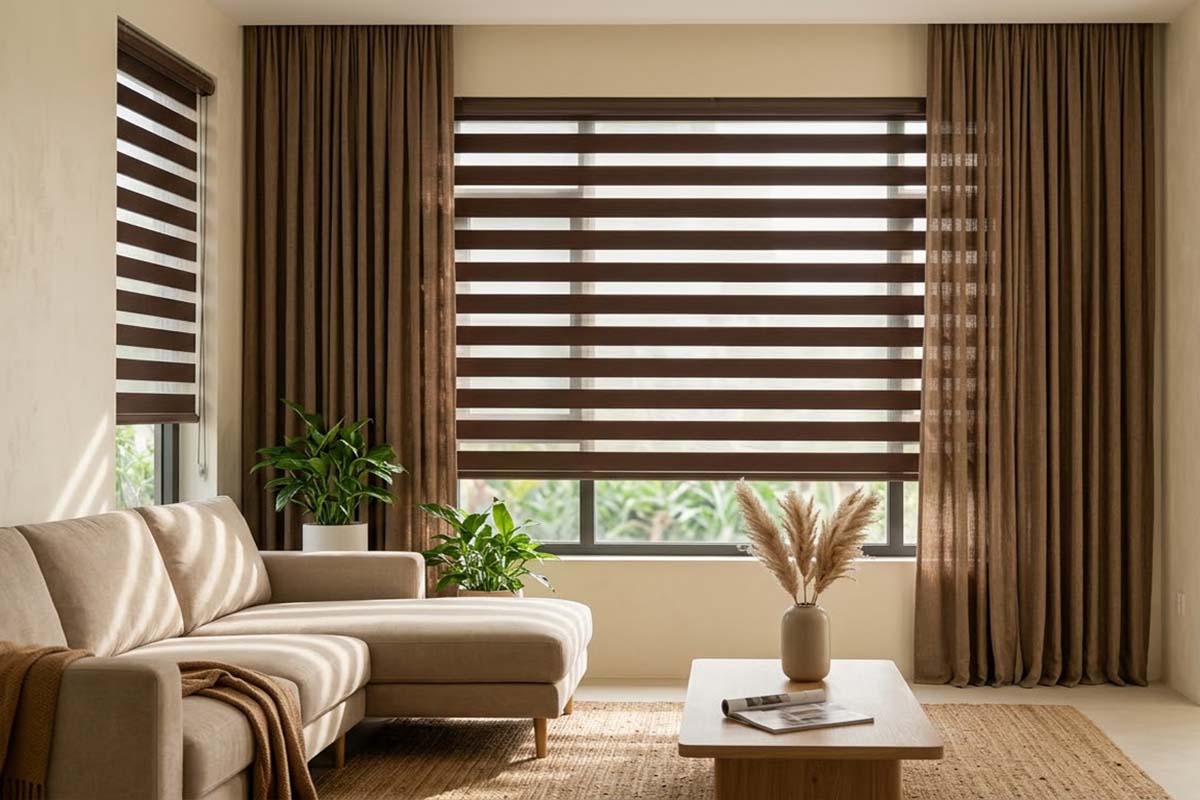 Rèm màu nâu đem đến không gian tĩnh lặng và thư giãn.