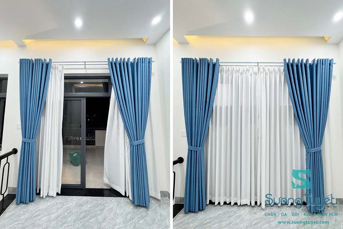 Cận cảnh sự phối màu rèm vải bố và voan trắng tinh tế.