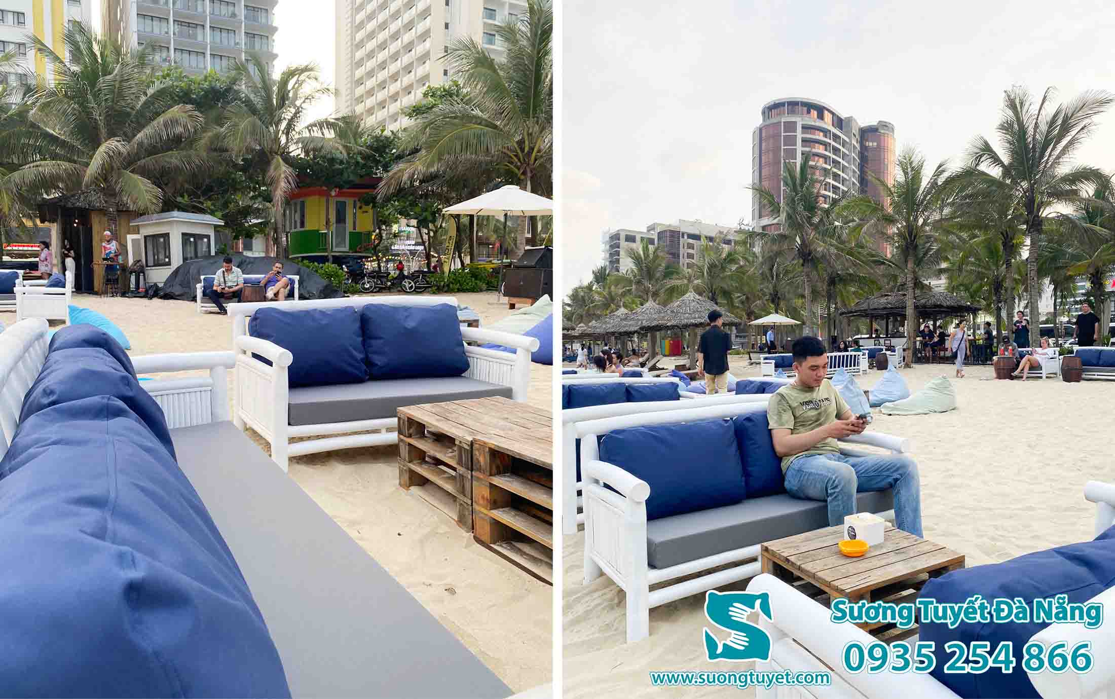 Combo nệm ghế, gối tựa chống thấm tại Maia beach bar Đà Nẵng.