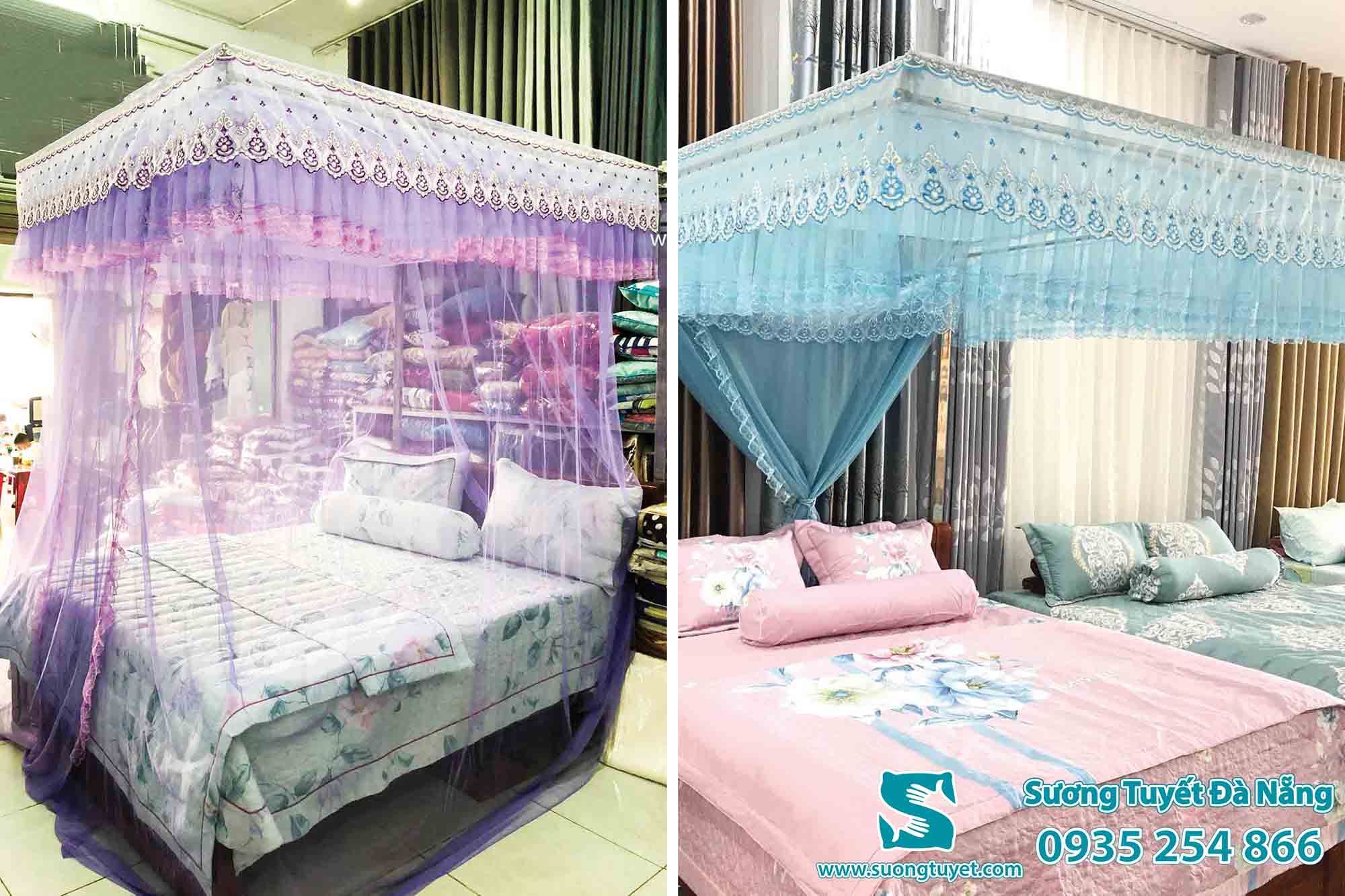 Mùng khung gắn giường được cố định chắc chắn bằng thanh inox bắn vít vào giường.