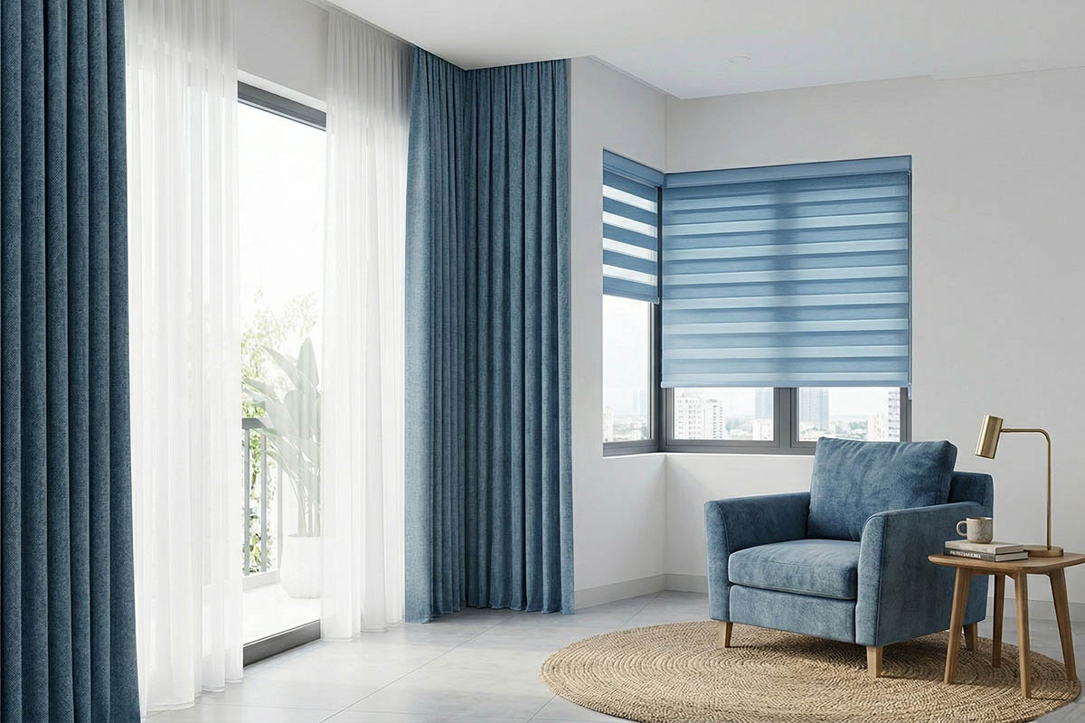 Combo rèm vải và rèm cầu vồng tuyệt đẹp nếu bạn thích màu xanh.