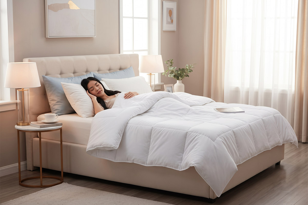 Ruột chăn lông vũ microfiber đang tung hoành trong phòng ngủ cao cấp.