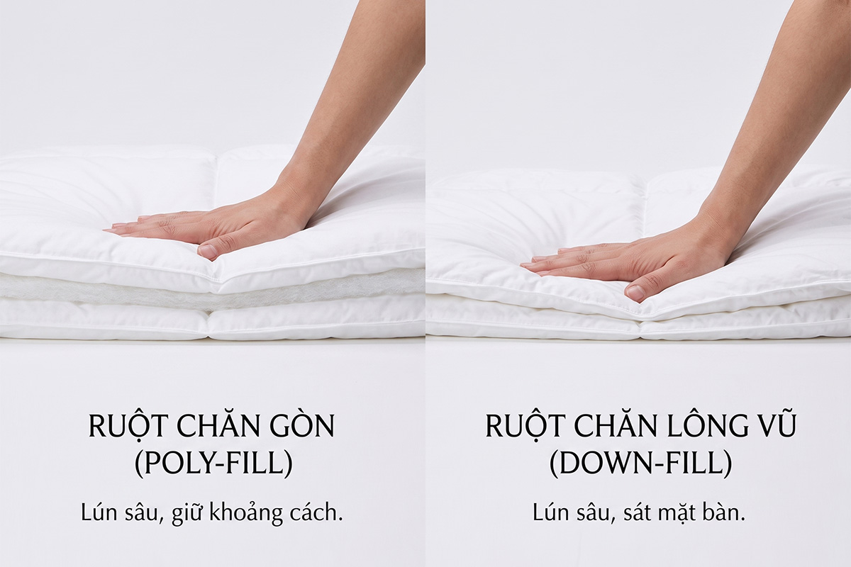 Cận cảnh độ đàn hồi khi dùng tay ép mạnh vào bề mặt ruột chăn lông vũ nhân tạo và chăn bông gòn thường.
