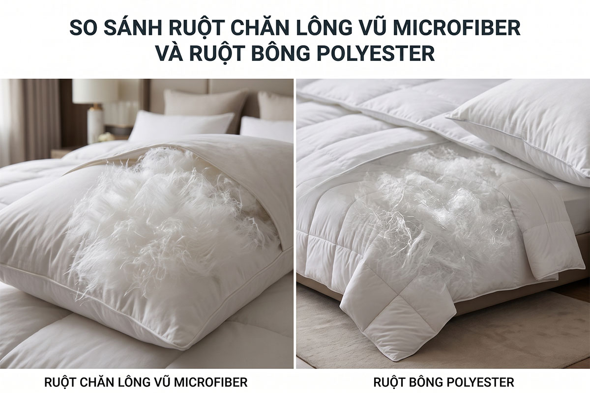 Cận cảnh sợi bổng mảnh và giày khác nhau giữa ruột chăn lông vũ và polyester.